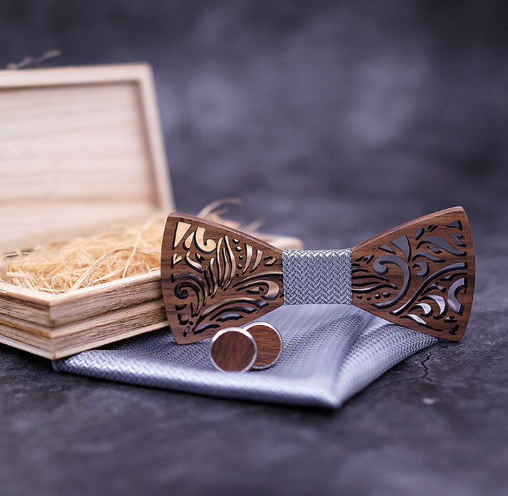 Dřevěný motýlek s kapesníčkem a manžetovými knoflíčky 709091