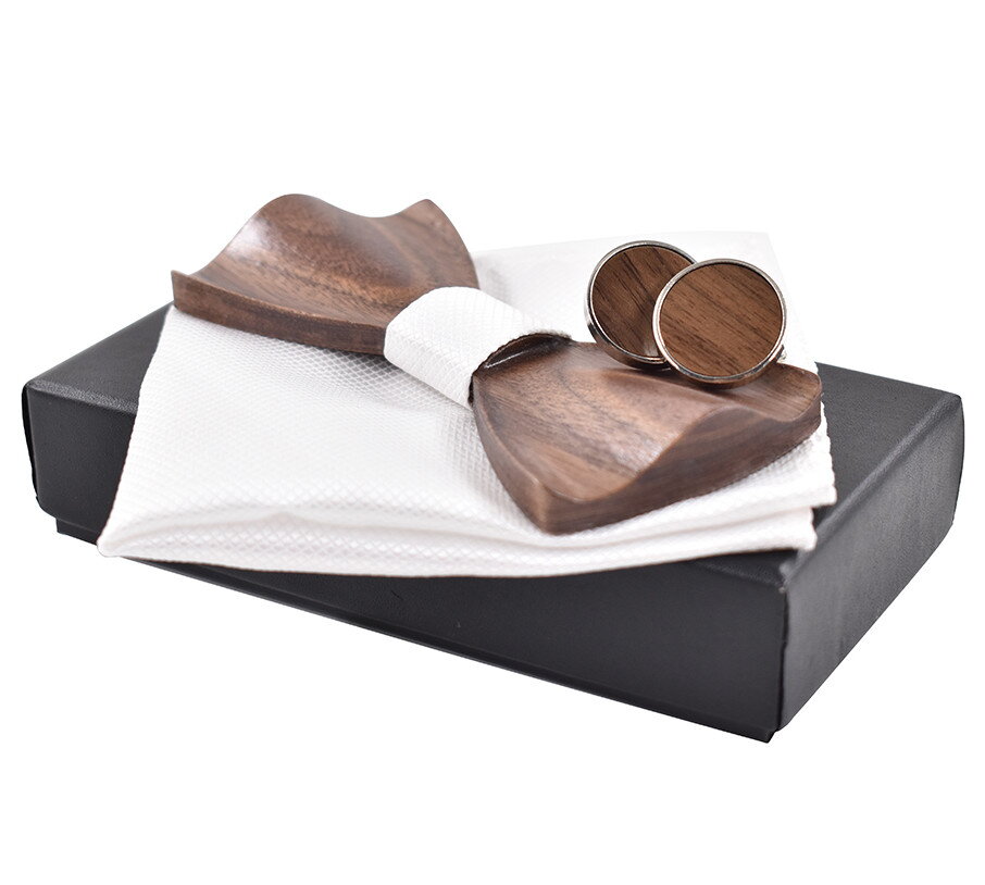 Dřevěný motýlek s kapesníčkem a manžetovými knoflíčky 709038