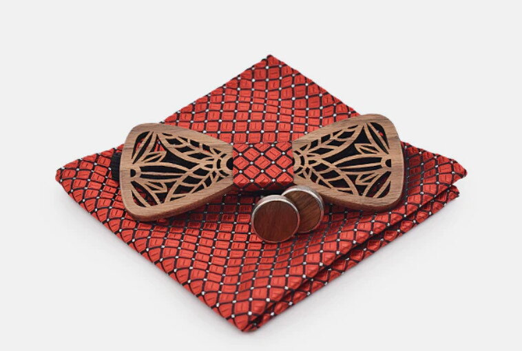 Dřevěný motýlek s kapesníčkem a manžetovými knoflíčky 709078