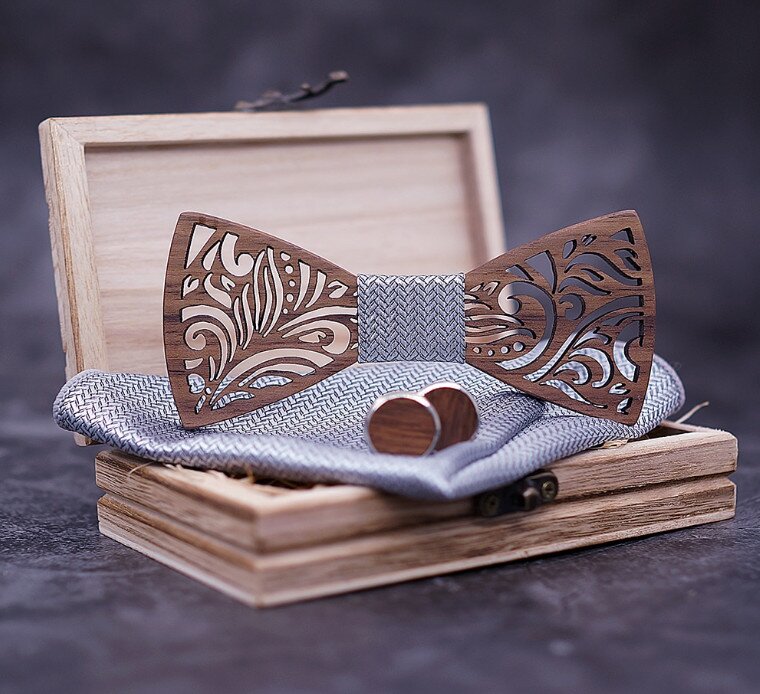 Dřevěný motýlek s kapesníčkem a manžetovými knoflíčky 709080 