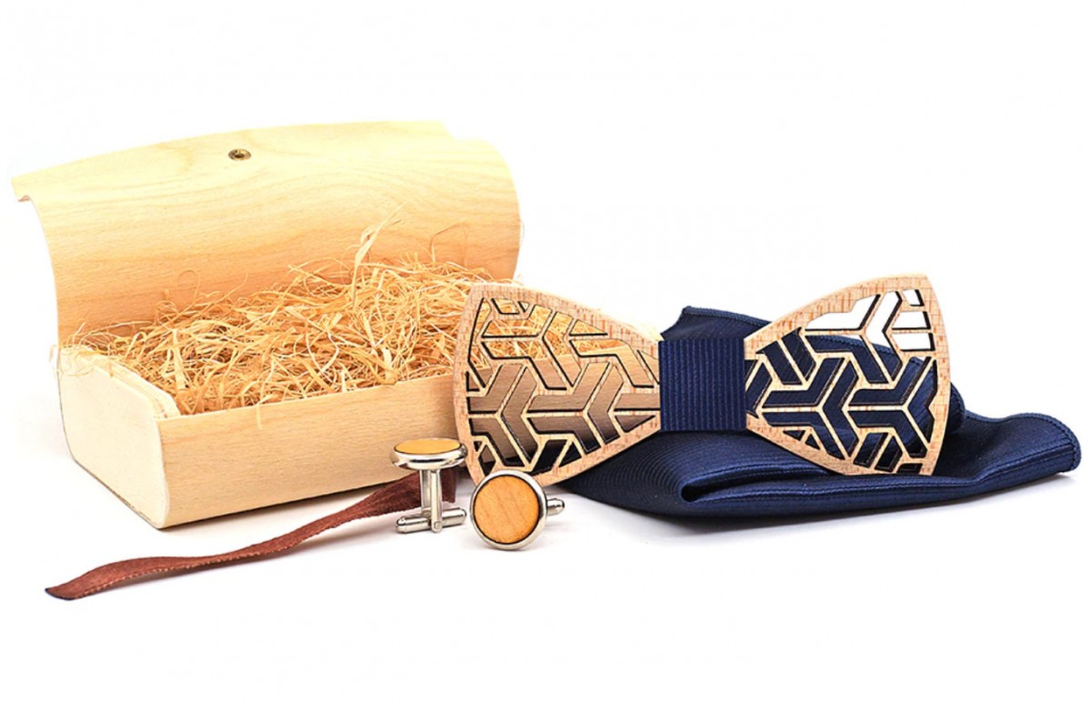 Dřevěný motýlek s kapesníčkem a manžetovými knoflíčky 709204