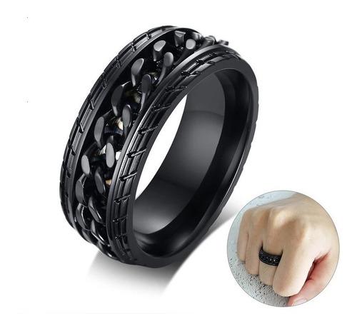 Prsten z chirurgické oceli černý s řetězem R-414