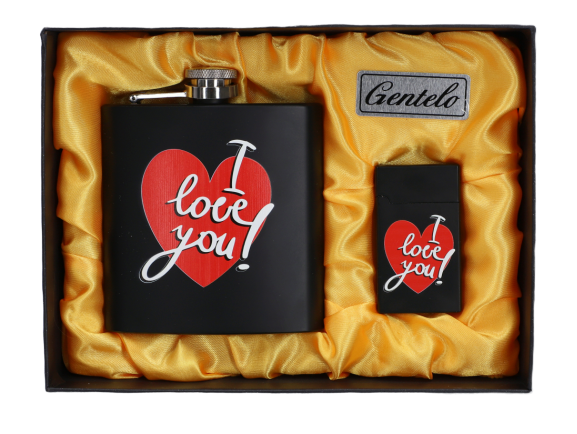 Kapesní ocelová nerezová lahev + Zapalovač I Love You serce