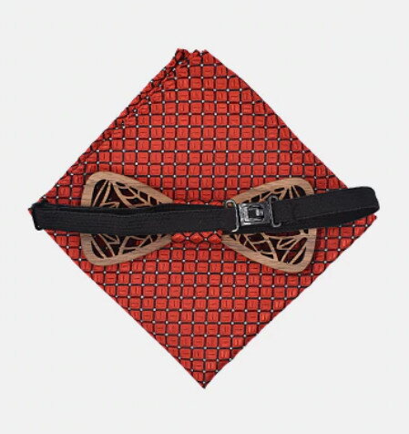 Dřevěný motýlek s kapesníčkem a manžetovými knoflíčky 709078