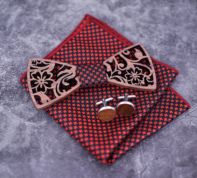 Dřevěný motýlek s kapesníčkem a manžetovými knoflíčky 709091