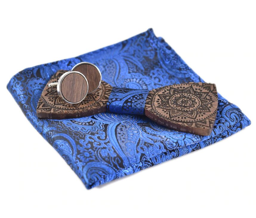 Dřevěný motýlek s kapesníčkem a manžetovými knoflíčky 709097