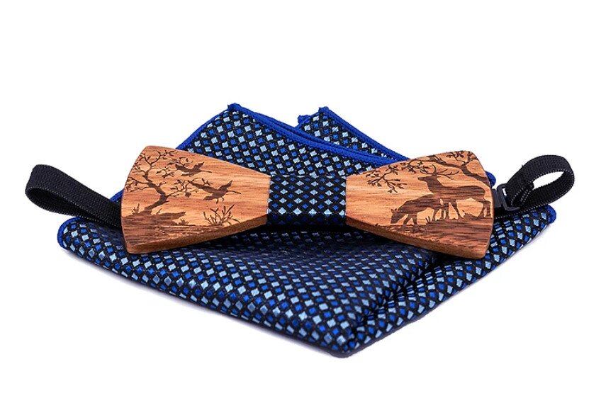 Dřevěný motýlek s kapesníčkem a manžetovými knoflíčky 709227