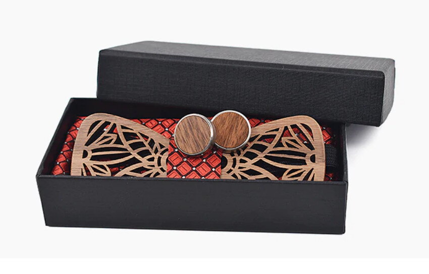 Dřevěný motýlek s kapesníčkem a manžetovými knoflíčky 709078