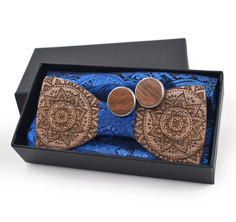 Dřevěný motýlek s kapesníčkem a manžetovými knoflíčky 709097