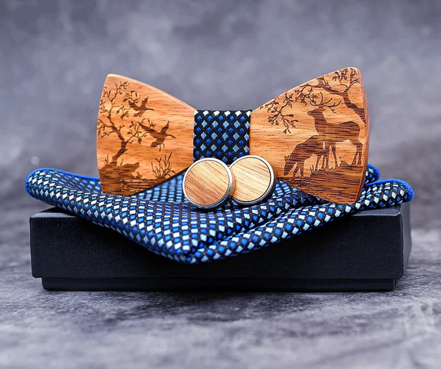 Dřevěný motýlek s kapesníčkem a manžetovými knoflíčky 709227