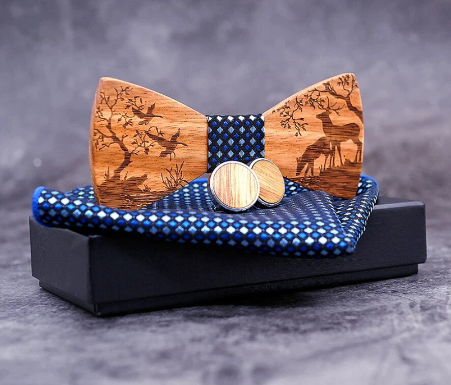 Dřevěný motýlek s kapesníčkem a manžetovými knoflíčky 709227