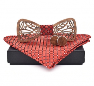 Dřevěný motýlek s kapesníčkem a manžetovými knoflíčky 709078