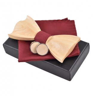 Dřevěný motýlek s kapesníčkem a manžetovými knoflíčky 709099
