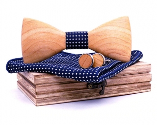 Dřevěný motýlek s kapesníčkem a manžetovými knoflíčky 709226
